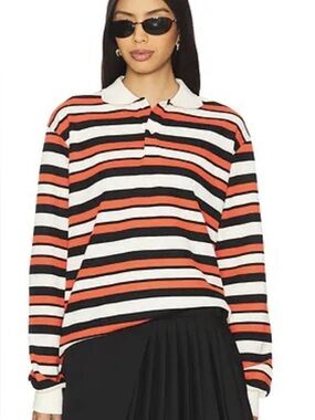 Lioness Striped Long-Sleeve Polo Top in White, Black & Orange medium